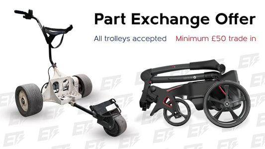 Golf trolley part exchange offer. Trade in your old trolley against a new Motocaddy.